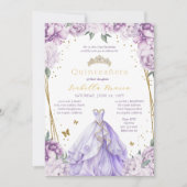 Paarse Bloemen Tiara & Jurk Quinceañera Kaart (Voorkant)