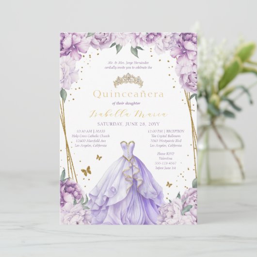 Paarse Bloemen Tiara & Jurk Quinceañera Kaart (Staand voorkant)