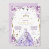 Paarse Bloemen Tiara & Jurk Quinceañera Kaart (Voorkant / Achterkant)