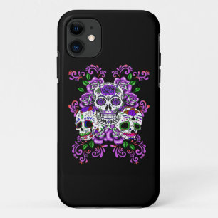 Paarse bloemen Triple Sugar Skull Day of the Dead Case-Mate iPhone Case