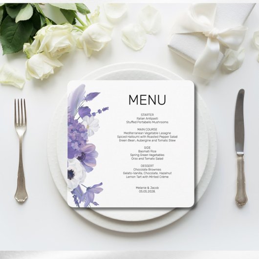 Paarse Bloemen Trouwen Flat Menu Kaart