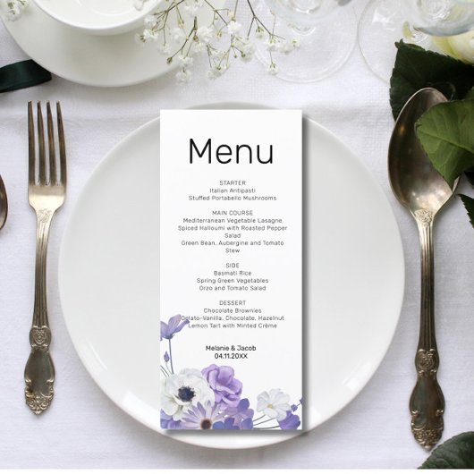 Paarse Bloemen Trouwen Flat Menu Kaart