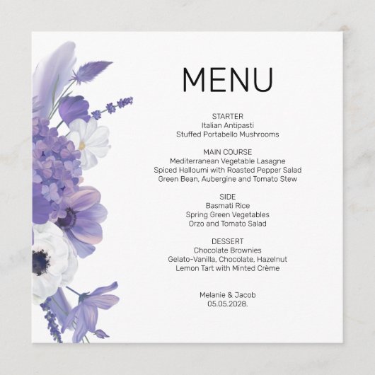 Paarse Bloemen Trouwen Flat Menu Kaart (Voorkant)