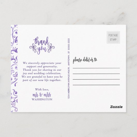 Paarse Bloemen Trouwfoto Dank u Briefkaart (Achterkant)