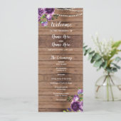 Paarse Bloemen Trouwprogramma Hout Rustieke Bloeme Programmakaart (Staand voorkant)