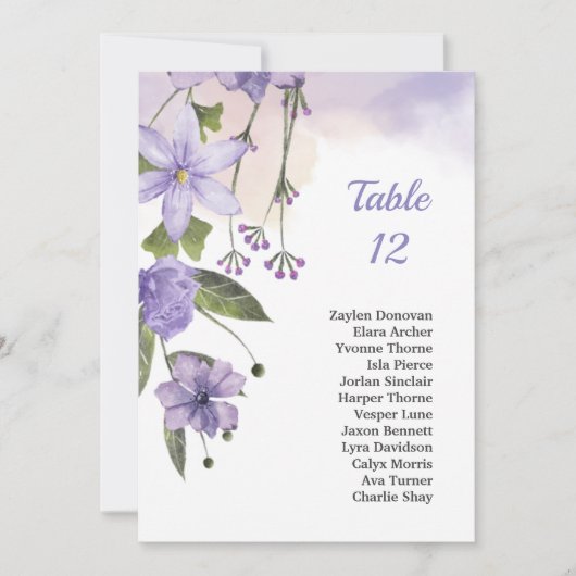 Paarse Bloemen Trouwtafel Zitting Grafiek Kaart (Voorkant)