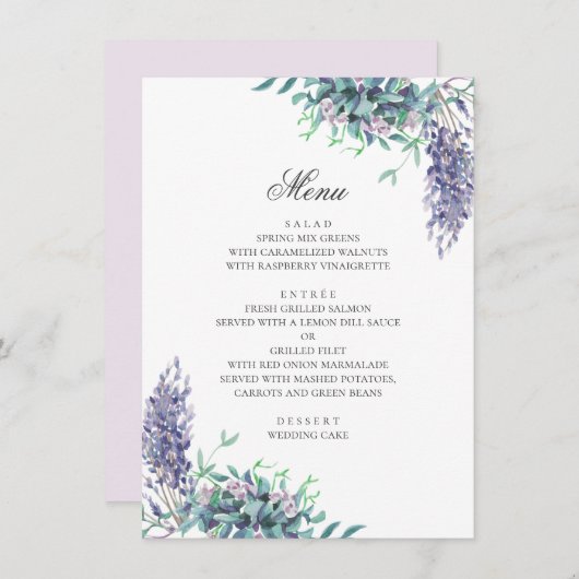 Paarse bloemen. Tuin bloemenhuwelijk. Lavendel Menu (Voorkant / Achterkant)