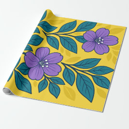 Paarse Bloemen & Turquoise Bladeren op Gele Achter Cadeaupapier