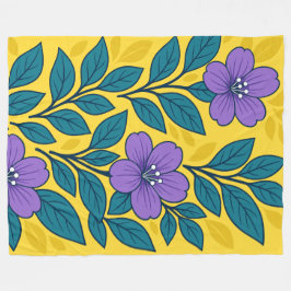 Paarse Bloemen & Turquoise Bladeren op Gele Achter Fleece Deken