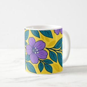 Paarse Bloemen & Turquoise Bladeren op Gele Achter Koffiemok