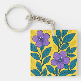 Paarse Bloemen & Turquoise Bladeren op Gele Achter Sleutelhanger