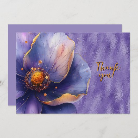 Paarse Bloemen Vergroot op Glanzende Paarse Dank u Bedankkaart (Voorkant / Achterkant)