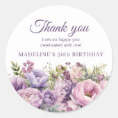 Paarse Bloemen Verjaardag Vrouwen Dank U Ronde Sticker (Voorkant)