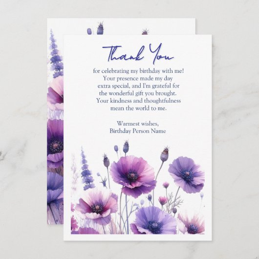 Paarse Bloemen Verjaardagsfeestje Bedanktkaart Bedankkaart (Voorkant / Achterkant)