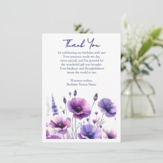 Paarse Bloemen Verjaardagsfeestje Bedanktkaart Bedankkaart (Staand voorkant)