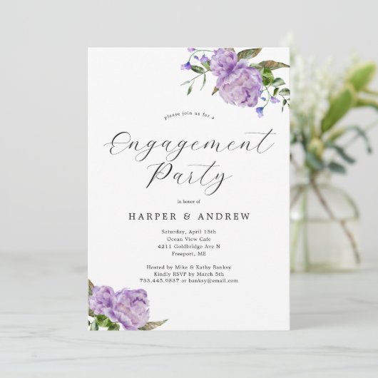 Paarse Bloemen Verlovingsfeest Uitnodiging (Staand voorkant)