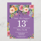 Paarse Bloemen Verrassing 13e verjaardag Uitnodigi Kaart (Voorkant / Achterkant)