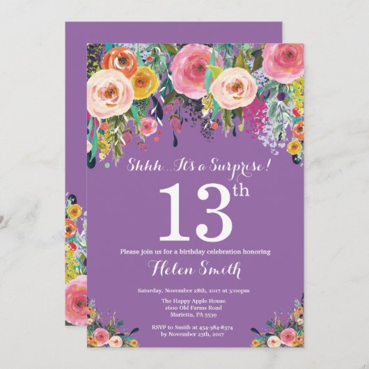 Paarse Bloemen Verrassing 13e verjaardag Uitnodigi Kaart (Voorkant / Achterkant)