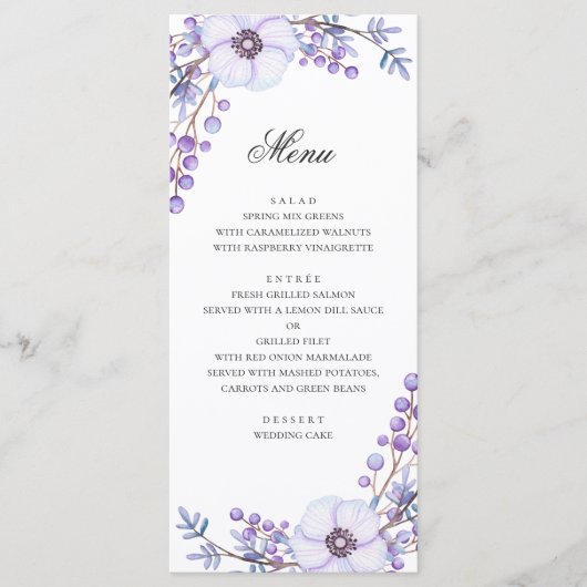 Paarse bloemen. Violette bloemige trouwdiner Menu (Voorkant)