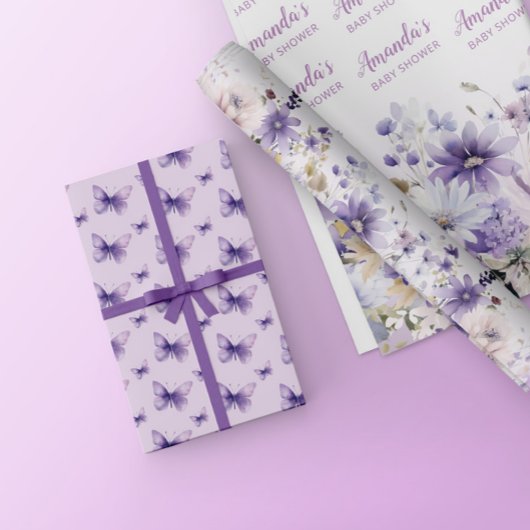 Paarse Bloemen Vlinder Baby shower Gepersonaliseer Inpakpapier Vel