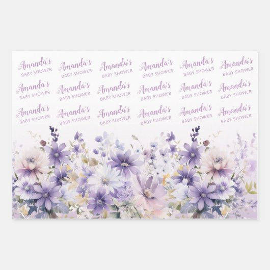 Paarse Bloemen Vlinder Baby shower Gepersonaliseer Inpakpapier Vel (Voorkant)