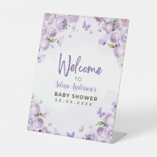 Paarse Bloemen Vlinder Baby shower Welkom Reclamebord Met Voetstuk