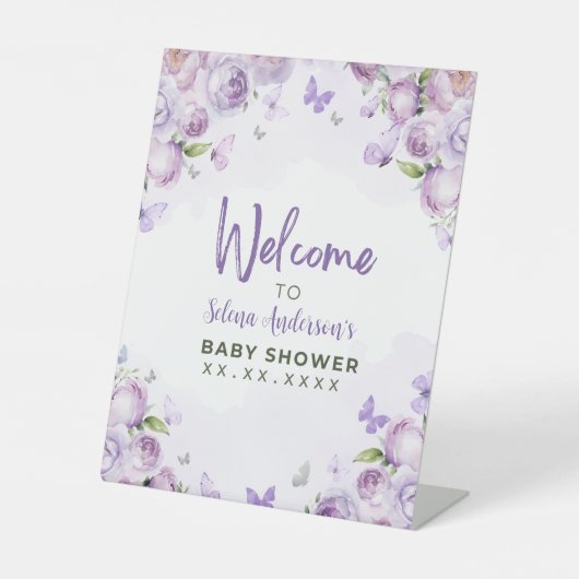 Paarse Bloemen Vlinder Baby shower Welkom Reclamebord Met Voetstuk (Voorkant)