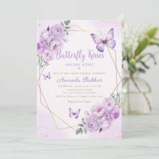 Paarse Bloemen Vlinder Kisses Meisje Baby shower Kaart (Staand voorkant)
