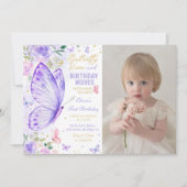 Paarse Bloemen Vlinder Kussen en Verjaardagswensen Kaart (Voorkant)