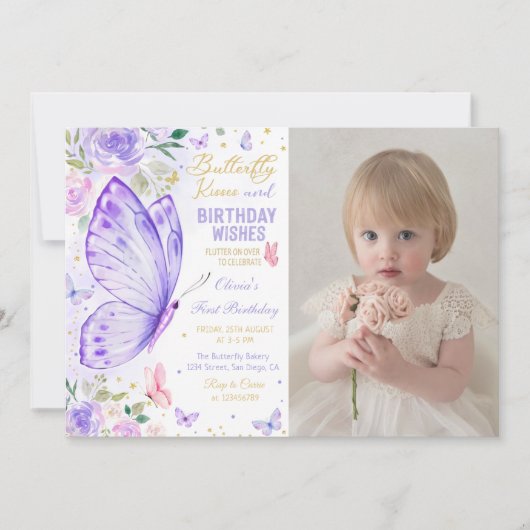 Paarse Bloemen Vlinder Kussen en Verjaardagswensen Kaart (Voorkant)