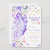 Paarse Bloemen Vlinder Kussen en Verjaardagswensen Kaart (Voorkant)