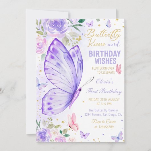 Paarse Bloemen Vlinder Kussen en Verjaardagswensen Kaart (Voorkant)