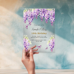 Paarse bloemen vlinder lint verjaardag Wisteria Acryl Uitnodigingen