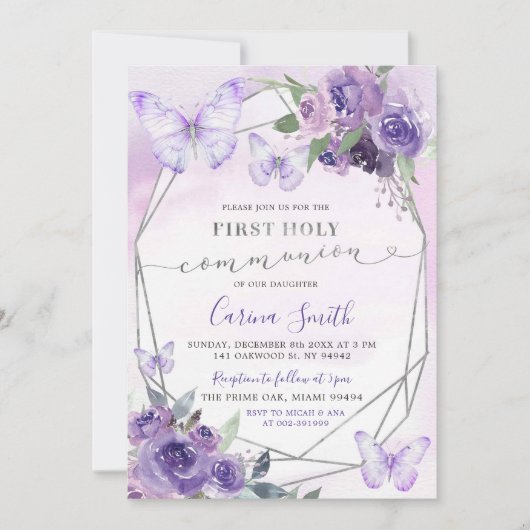 Paarse Bloemen Vlinder Meisje Eerste Heilige Commu Kaart (Voorkant)