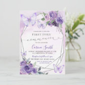 Paarse Bloemen Vlinder Meisje Eerste Heilige Commu Kaart (Staand voorkant)