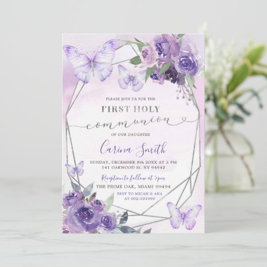 Paarse Bloemen Vlinder Meisje Eerste Heilige Commu Kaart (Staand voorkant)