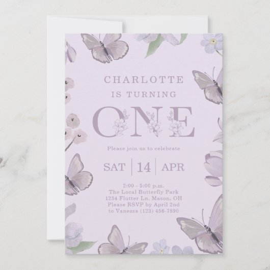 Paarse Bloemen Vlinder Meisje's 1e Verjaardagsfees Kaart (Voorkant)