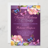 Paarse Bloemen Vlinder Sweet16 Verjaardag Uitnodig Kaart (Achterkant)
