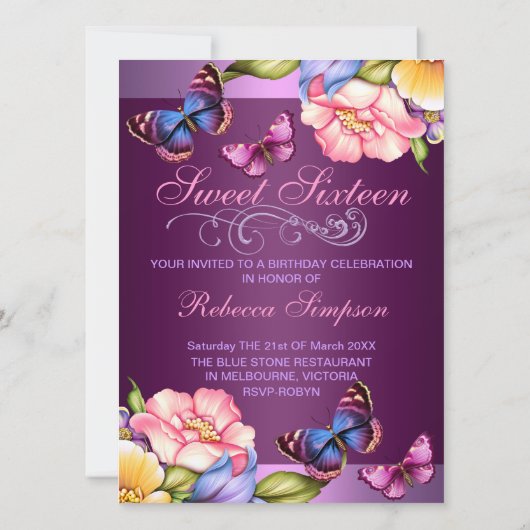 Paarse Bloemen Vlinder Sweet16 Verjaardag Uitnodig Kaart (Achterkant)