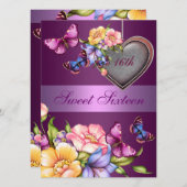 Paarse Bloemen Vlinder Sweet16 Verjaardag Uitnodig Kaart (Voorkant / Achterkant)