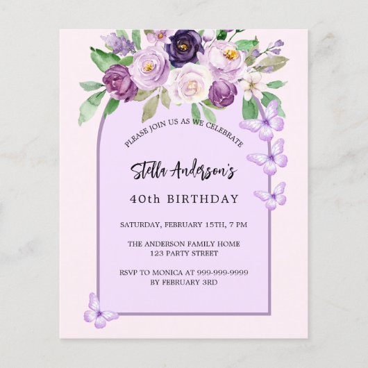 Paarse bloemen vlinders boog budget verjaardag (Voorkant)