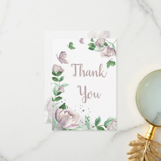 paarse bloemen vlinders bruiloft bedankkaart (Voorkant / Achterkant in situ)