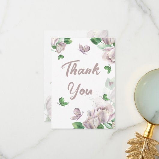 paarse bloemen vlinders bruiloft bedankkaart (Voorkant / Achterkant in situ)