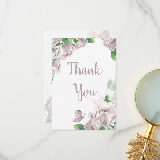 paarse bloemen vlinders bruiloft bedankkaart (Voorkant / Achterkant in situ)