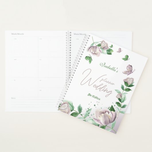 Paarse bloemen & vlinders groen bruiloft planner (Display)