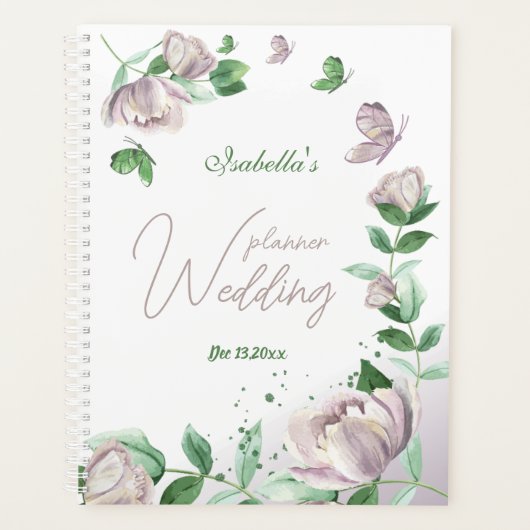 Paarse bloemen & vlinders groen bruiloft planner (Voorkant)