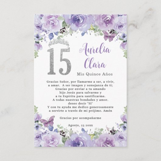 Paarse Bloemen Vlinders Quinceañera Gebed Kaart (Voorkant)
