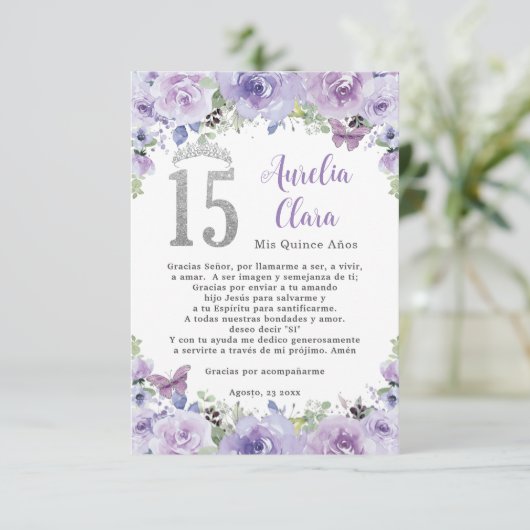 Paarse Bloemen Vlinders Quinceañera Gebed Kaart (Staand voorkant)