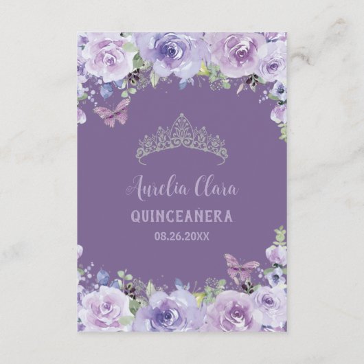 Paarse Bloemen Vlinders Quinceañera Gebed Kaart (Achterkant)