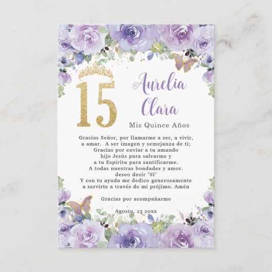 Paarse Bloemen Vlinders Quinceañera Gebed Kaart (Voorkant)